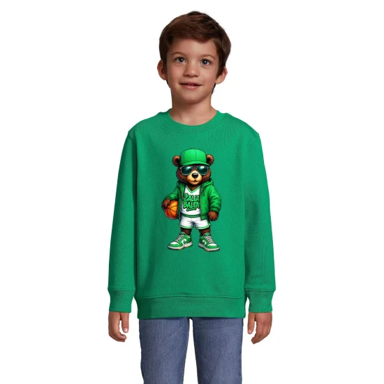Bērnu zaļš svīteris Lācis ar bumbu Basketbols