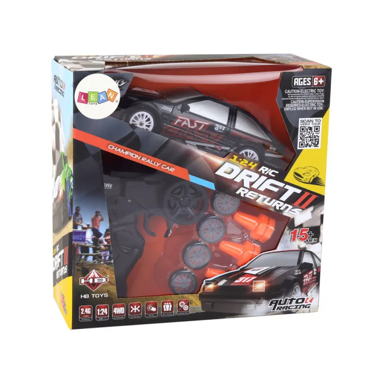 Tālvadības pults vadāma sporta automašīna R/C 1:24 melnā krāsā ar maināmiem riteņiem Radio vadāmās rotaļlietas