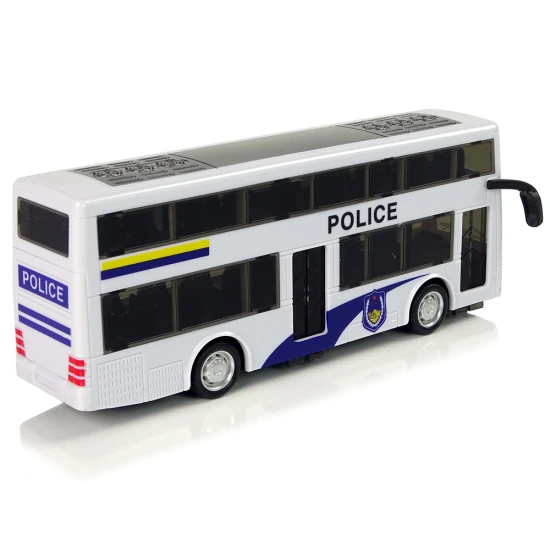 Balts divstāvu policijas autobuss Uzņēmuma automašīnas