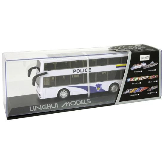 Balts divstāvu policijas autobuss Uzņēmuma automašīnas