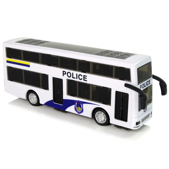 Balts divstāvu policijas autobuss Uzņēmuma automašīnas