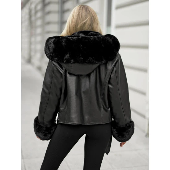 Sieviešu melna jaka ar melnu kažokādu Nikol Sieviešu jakas