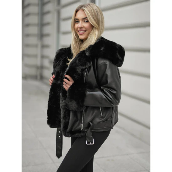 Sieviešu melna jaka ar melnu kažokādu Nikol Sieviešu jakas