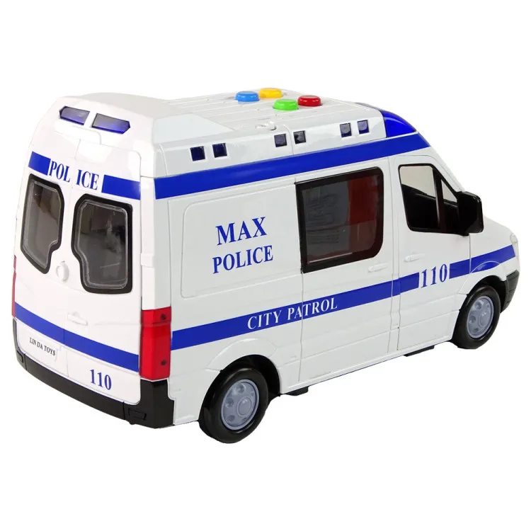 Balta policijas automašīna ar skaņas un gaismas efektu Uzņēmuma automašīnas