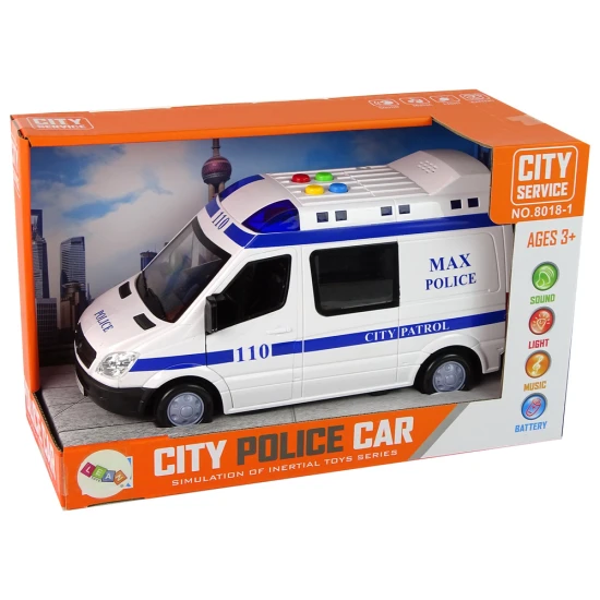 Balta policijas automašīna ar skaņas un gaismas efektu Uzņēmuma automašīnas
