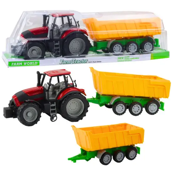 Sarkans traktors ar dzeltenu piekabi Būvniecība un lauksaimniecība