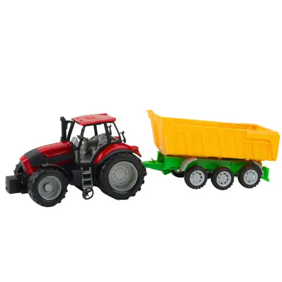Sarkans traktors ar dzeltenu piekabi Būvniecība un lauksaimniecība