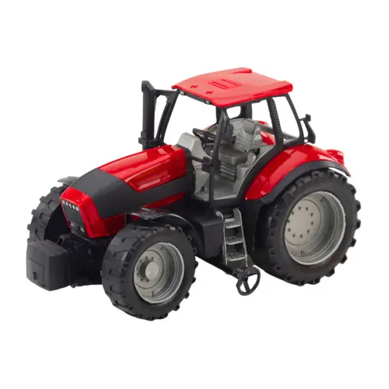 Sarkans traktors ar dzeltenu piekabi Būvniecība un lauksaimniecība