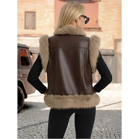 Sieviešu tumši brūna ādas veste ar kažokādu Sieviešu vestes