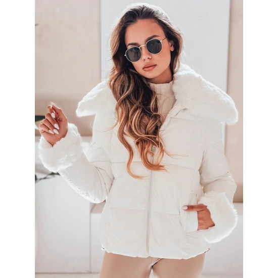 Sieviešu balta īsa jaka ar kažokādu Flora Sieviešu jakas