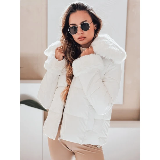 Sieviešu balta īsa jaka ar kažokādu Flora Sieviešu jakas