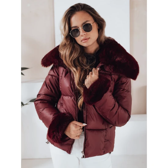 Sieviešu bordo krāsas īsa jaka ar kažokādu Flora Sieviešu jakas