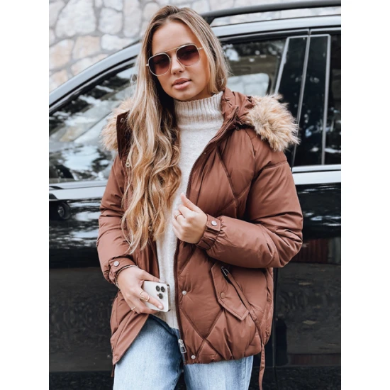 Sieviešu brūna ziemas jaka ar kapuci Mari. Sieviešu jakas