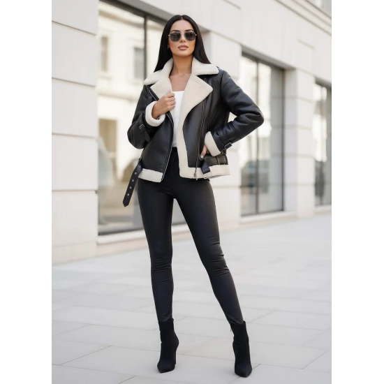 Sieviešu melna ādas jaka ar baltu kažokādu Elen JS/11Z8177