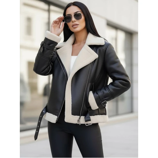 Sieviešu melna ādas jaka ar baltu kažokādu Elen JS/11Z8177