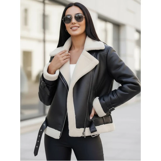 Sieviešu melna ādas jaka ar baltu kažokādu Elen JS/11Z8177