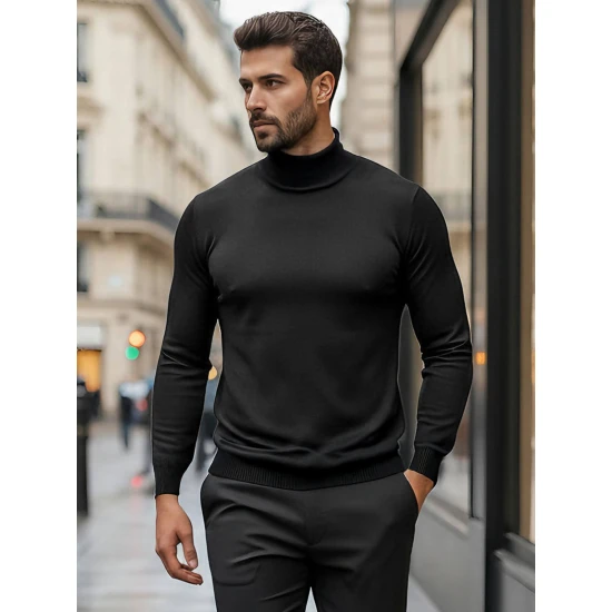 Vīriešu melns džemperis ar augstu apkakli Lenox Džemperi