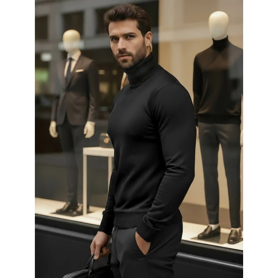 Vīriešu melns džemperis ar augstu apkakli Lenox Džemperi