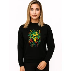 Sieviešu melns džemperis bez kapuces ar ģeometrisku vilku