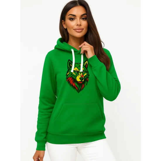 Sieviešu zaļais džemperis „Geometriskais vilks“ Džemperi ar uzrakstiem