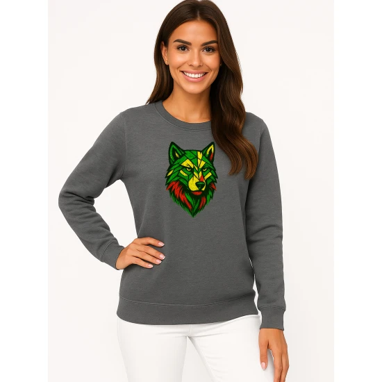 Sieviešu pelēks džemperis bez kapuces „Geometriskais vilks“ Džemperi ar uzrakstiem