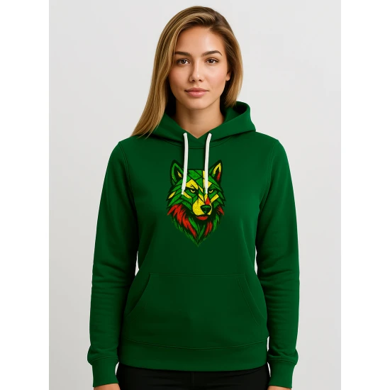 Sieviešu tumši zaļais džemperis „Geometriskais vilks“ Džemperi ar uzrakstiem