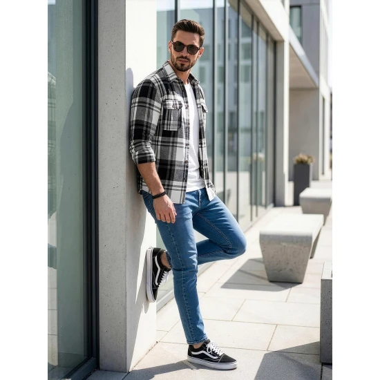 Vīriešu balts/melns flaneļa krekls Cory Krekli