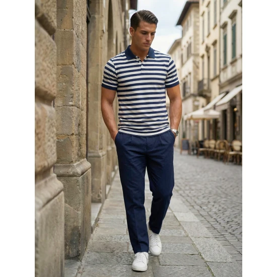 Vīriešu zili svītrains polo krekls Captain POLO T-krekls