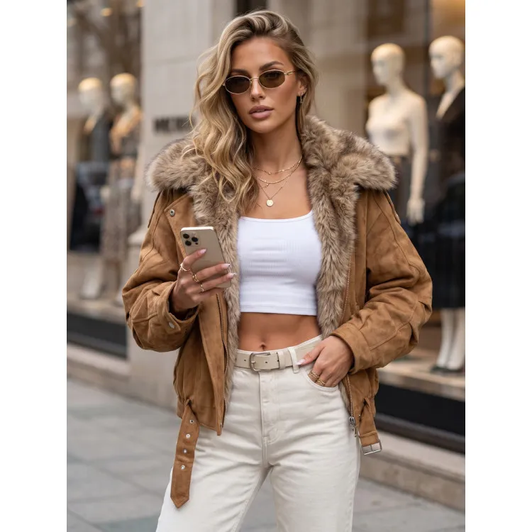 Sieviešu brūna jaka ar kažokādu apdari Hill
