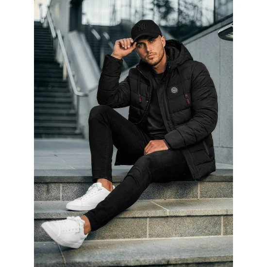 Vīriešu melna jaka ar kapuci Hari Ziemas jakas