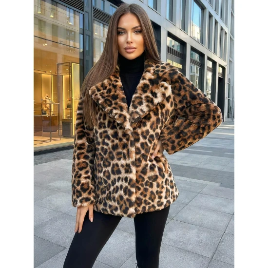 Sieviešu brūna kažokādas jaka ar dzīvnieku rakstu Leopard Sieviešu jakas