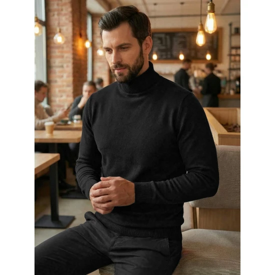 Vīriešu melns džemperis ar augstu apkakli Melba