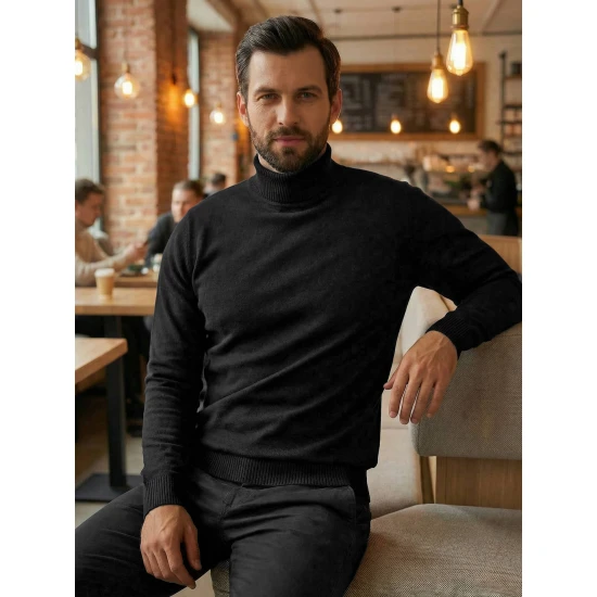 Vīriešu melns džemperis ar augstu apkakli Melba