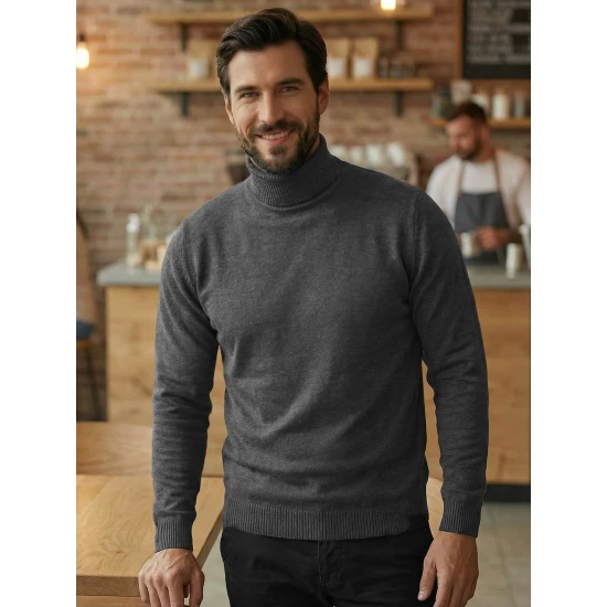 Vīriešu tumši pelēks džemperis ar augstu apkakli Melba