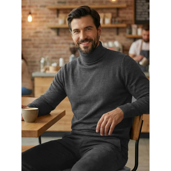Vīriešu tumši pelēks džemperis ar augstu apkakli Melba