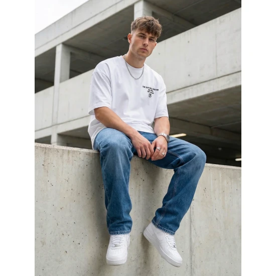 Vīriešu balts oversize T-krekls Jevin T-krekls ar saukļiem