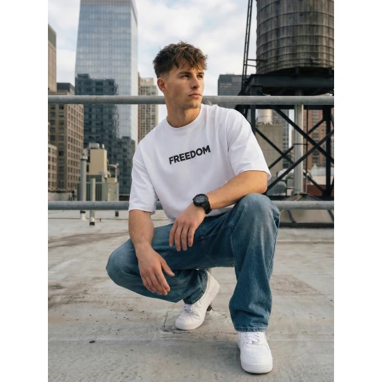 Vīriešu balts krekls Freedom T-krekls ar saukļiem