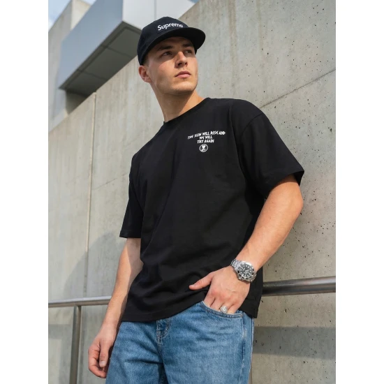 Vīriešu melns oversize t-krekls Jevin T-krekls ar saukļiem