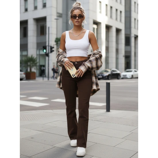 Sieviešu brūni džinsi ar augstu vidukli Lind Džinsi un bikses