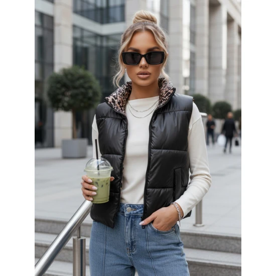 Sieviešu melna divpusēja jaka Puff Sieviešu vestes