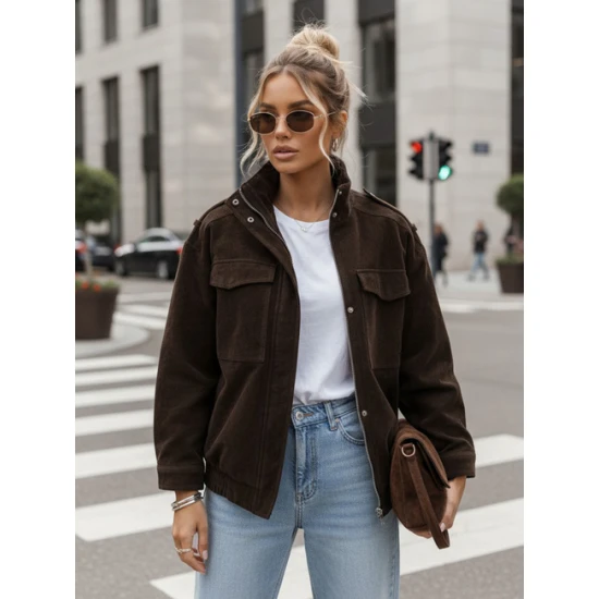 Sieviešu šokolādes krāsas zamšādas bomberjakete Silin Sieviešu jakas