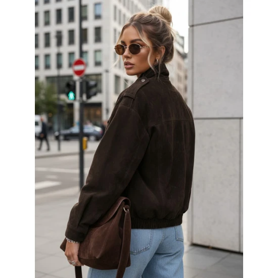 Sieviešu šokolādes krāsas zamšādas bomberjakete Silin Sieviešu jakas