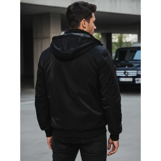 Vīriešu divpusējā melnā jaka ar kapuci Linde Vīriešu jakas un mēteļi