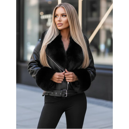 Sieviešu melna jaka ar melnu kažokādu Real Jakas