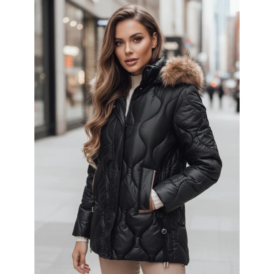 Sieviešu melna ziemas jaka ar brūnām detaļām Lumor