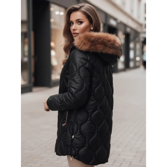 Sieviešu melna ziemas jaka ar brūnām detaļām Lumor