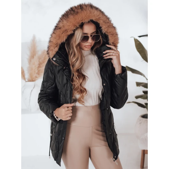 Sieviešu melna ziemas jaka ar brūnu kažokādu Lumor