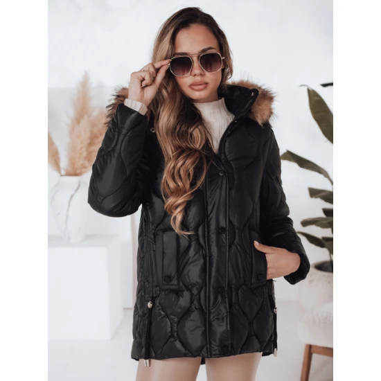 Sieviešu melna ziemas jaka ar brūnu kažokādu Lumor