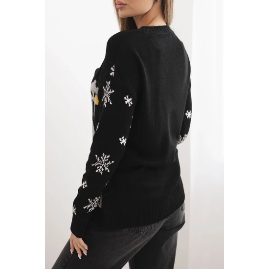 Sieviešu melns Ziemassvētku džemperis ar briežu briedi