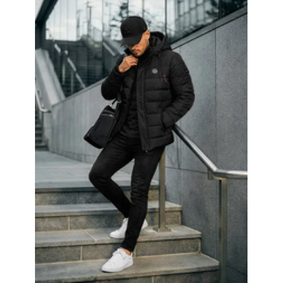 Vīriešu melna jaka ar kapuci Hari Ziemas jakas